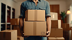 Young woman carrying large box during a move to new home or package delivery