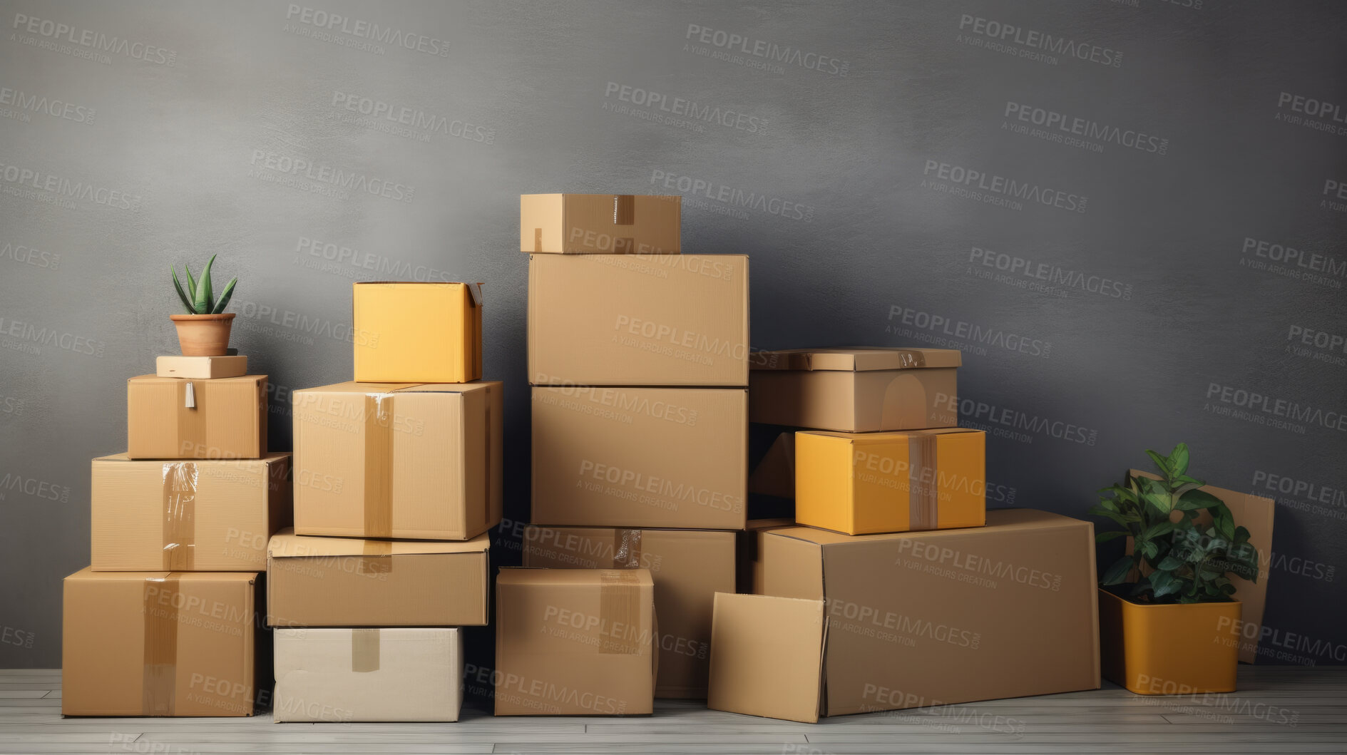 Buy stock photo Cardboard boxes for moving into a new home. Stack of cardboard boxes for relocation