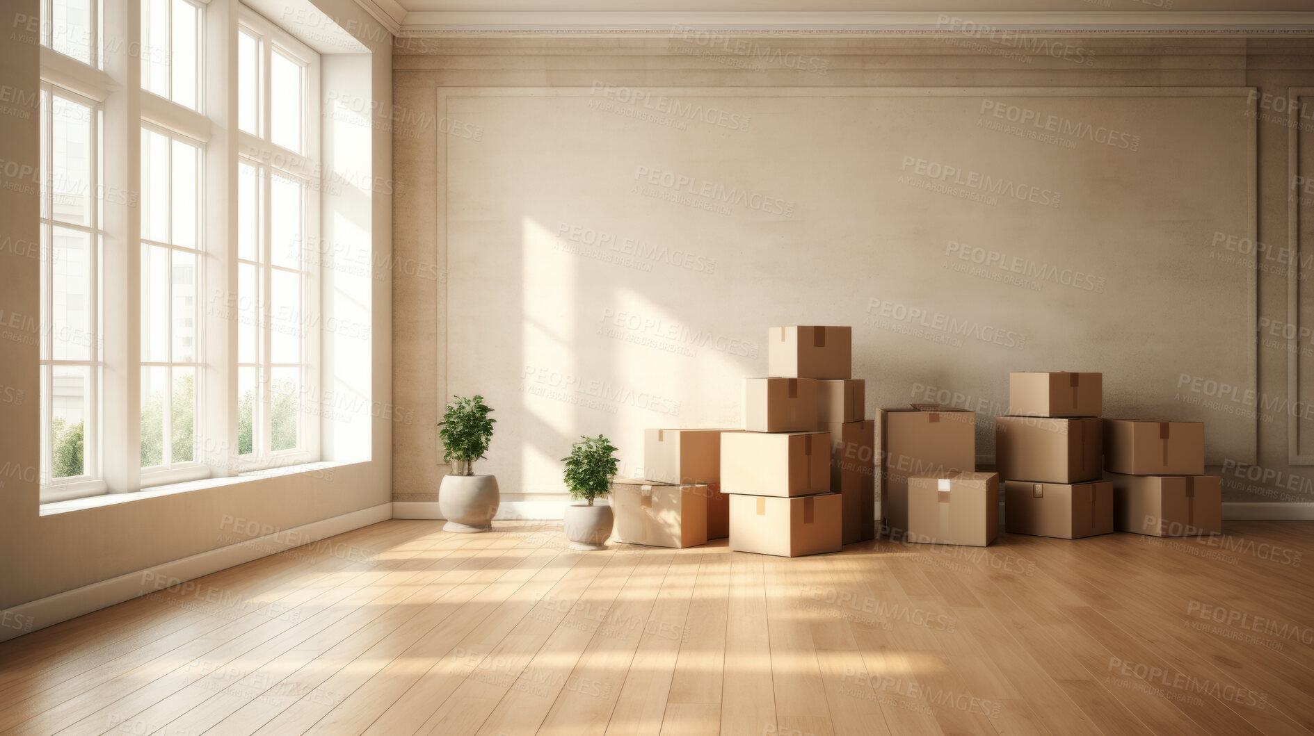 Buy stock photo Cardboard boxes for moving into a new home. Stack of cardboard boxes for relocation