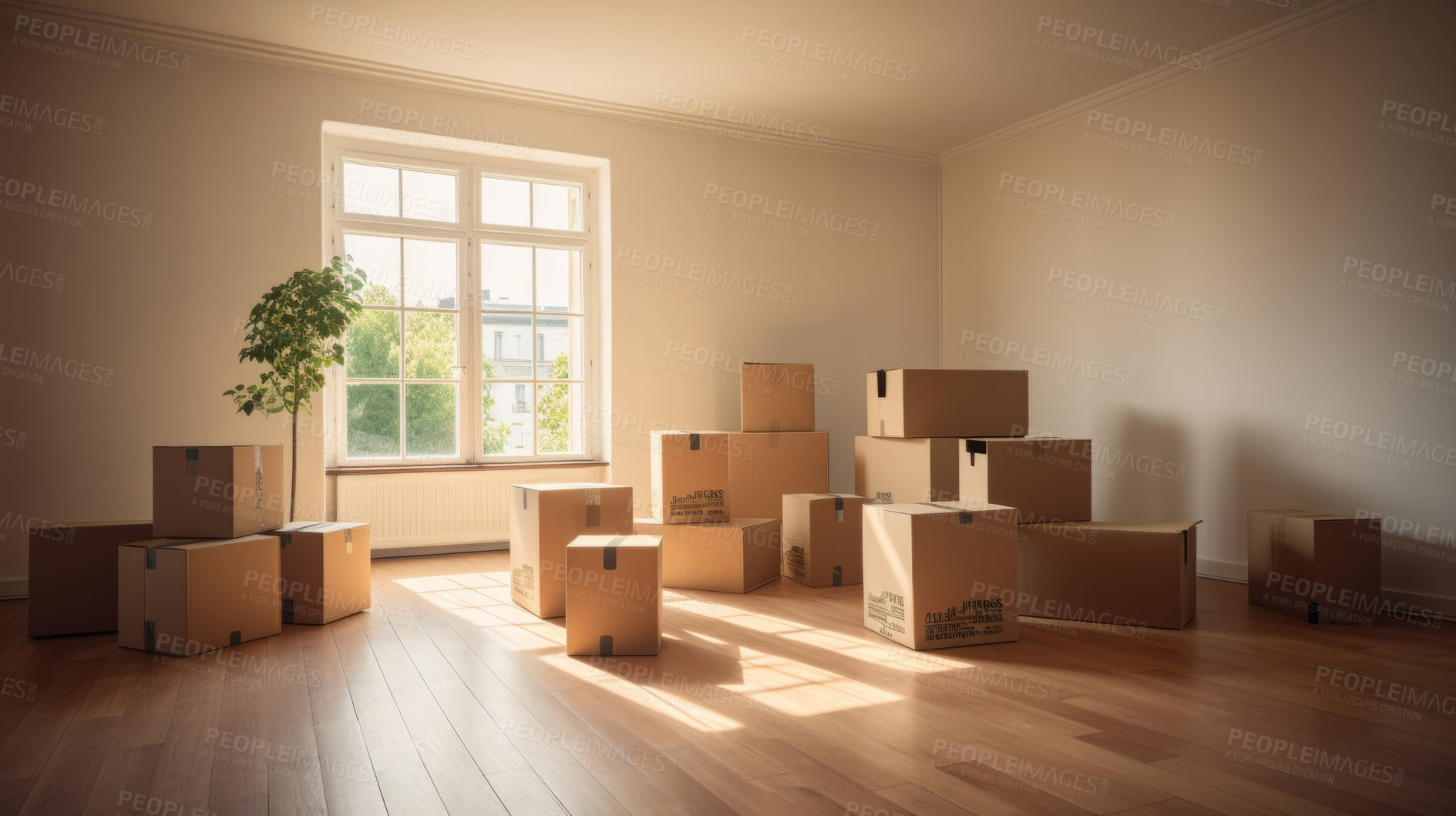 Buy stock photo Cardboard boxes for moving into a new home. Stack of cardboard boxes for relocation