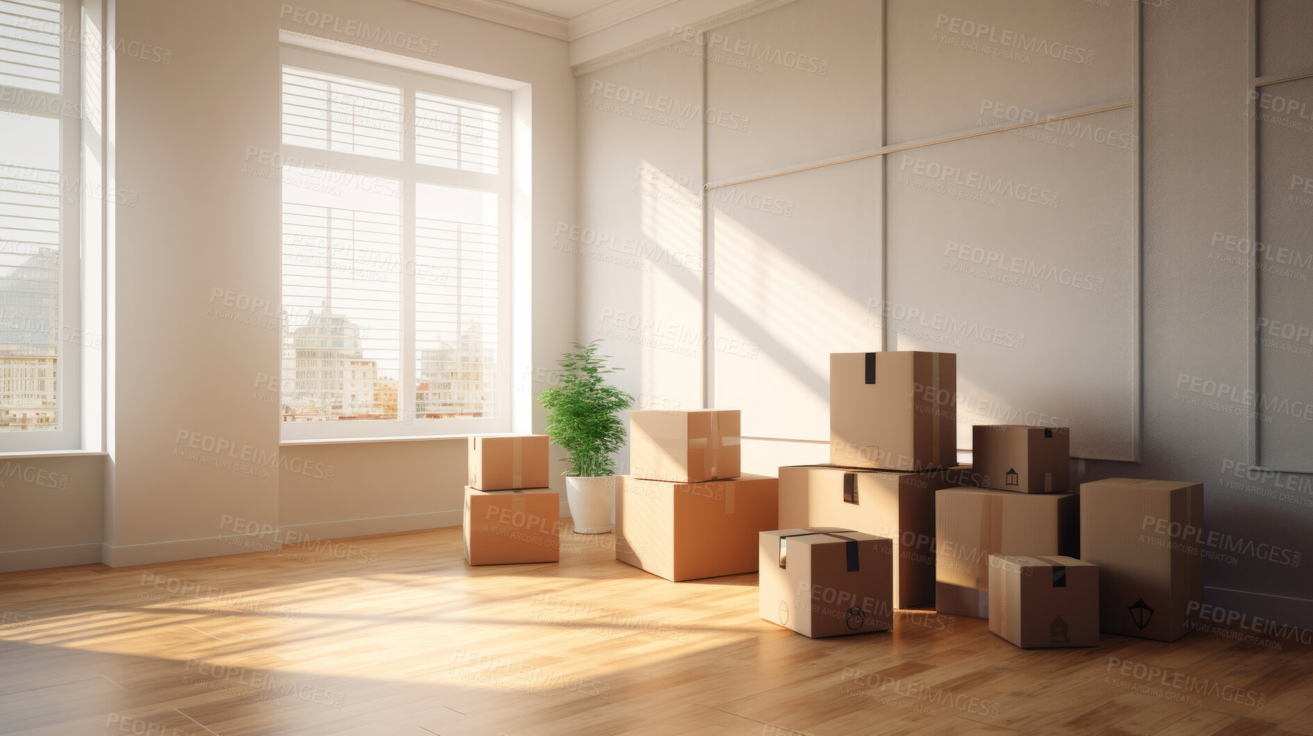 Buy stock photo Cardboard boxes for moving into a new home. Stack of cardboard boxes for relocation