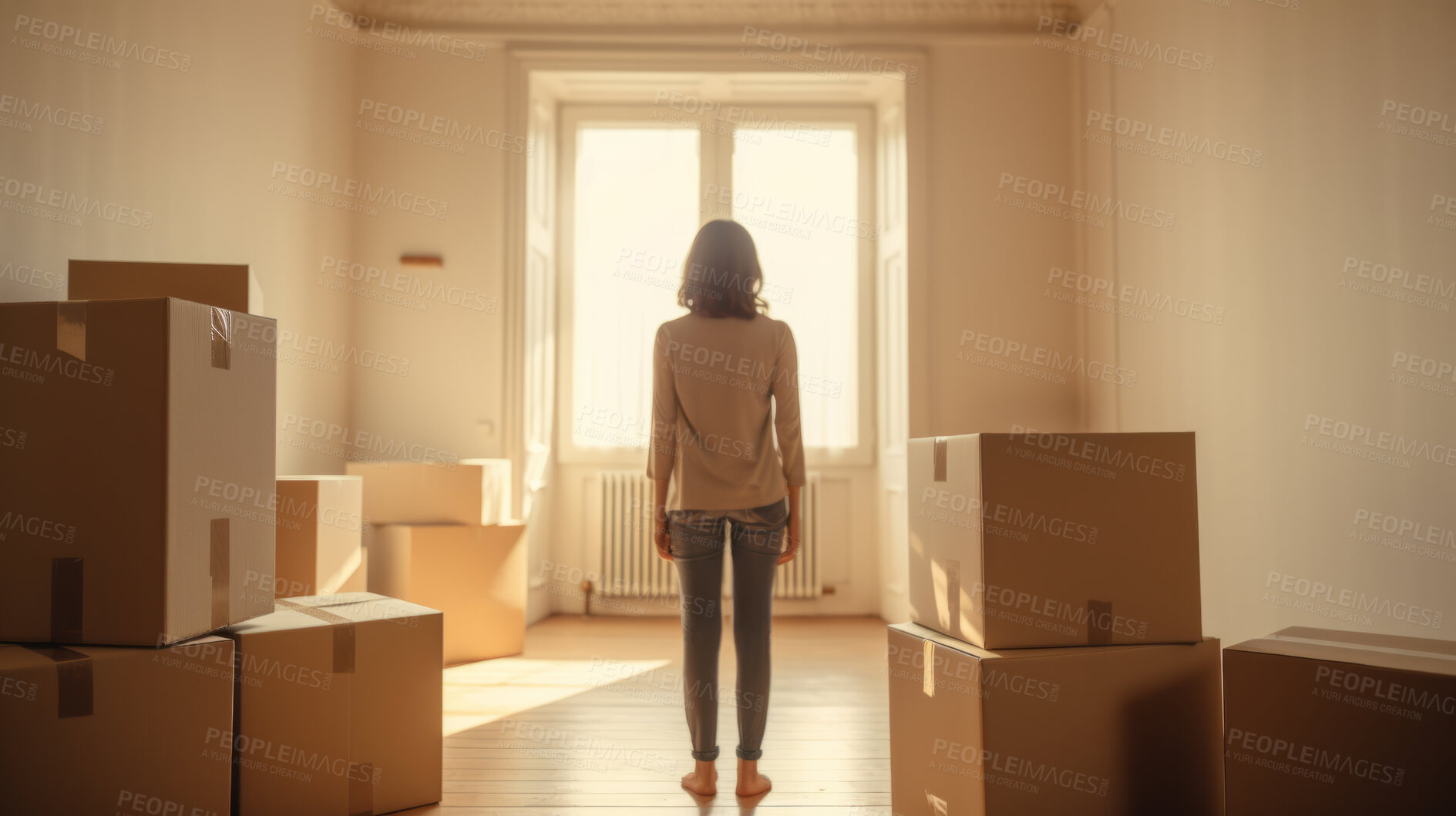 Buy stock photo Cardboard boxes for moving into a new home. Stack of cardboard boxes for relocation