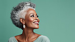 Radiant mature senior model woman with grey hair laughing and smiling for spa and dental