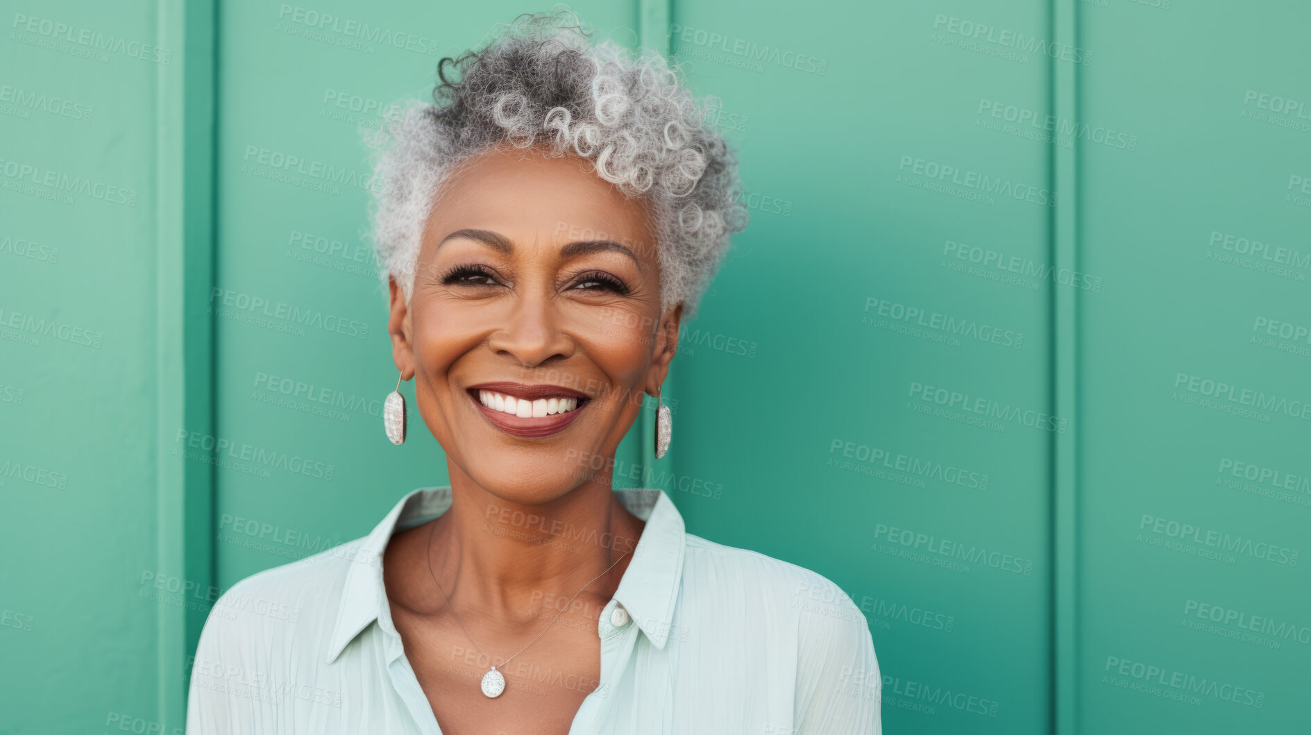 Buy stock photo Radiant mature senior model woman with grey hair laughing and smiling for spa and dental