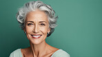 Radiant mature senior model woman with grey hair laughing and smiling for spa and dental