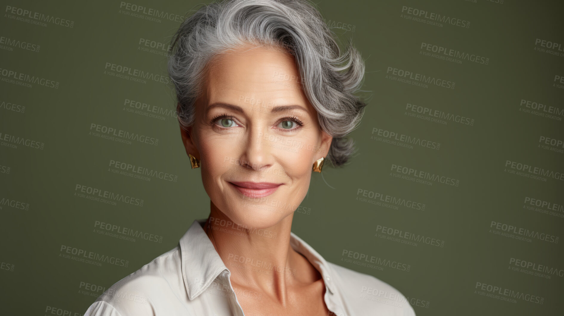 Buy stock photo Radiant mature senior model woman with grey hair laughing and smiling for spa and dental