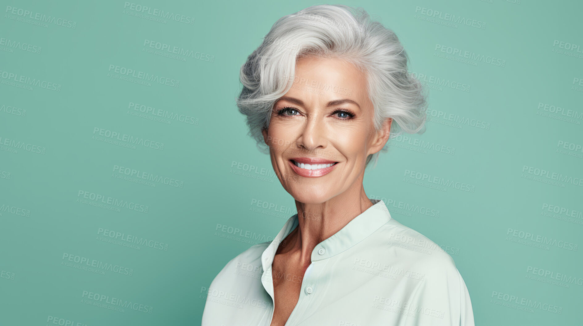 Buy stock photo Radiant mature senior model woman with grey hair laughing and smiling for spa and dental