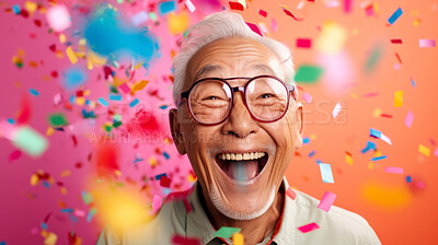 Happy laughing man with falling confetti. Birthday, New Year, fun celebration party
