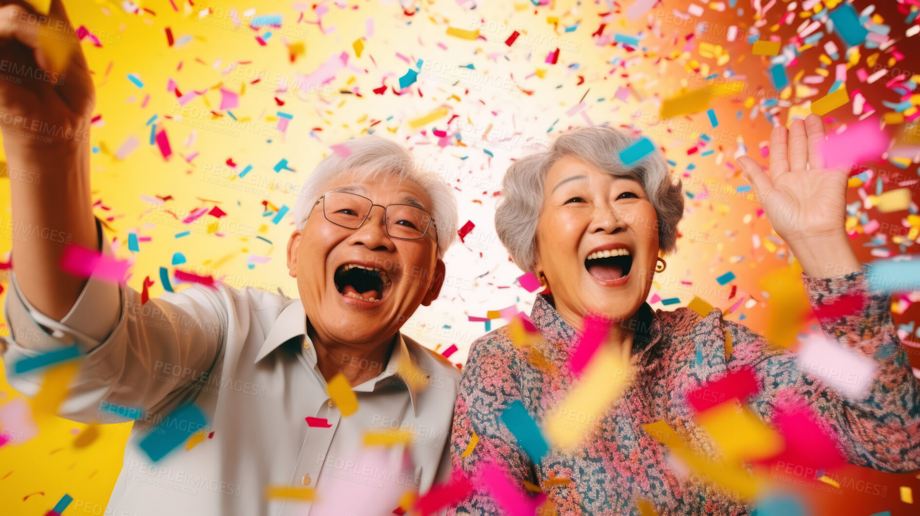 Buy stock photo Happy senior couple celebrating birthday and in retirement with confetti and fun.