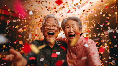 Buy stock photo Happy senior couple celebrating birthday and in retirement with confetti and fun.