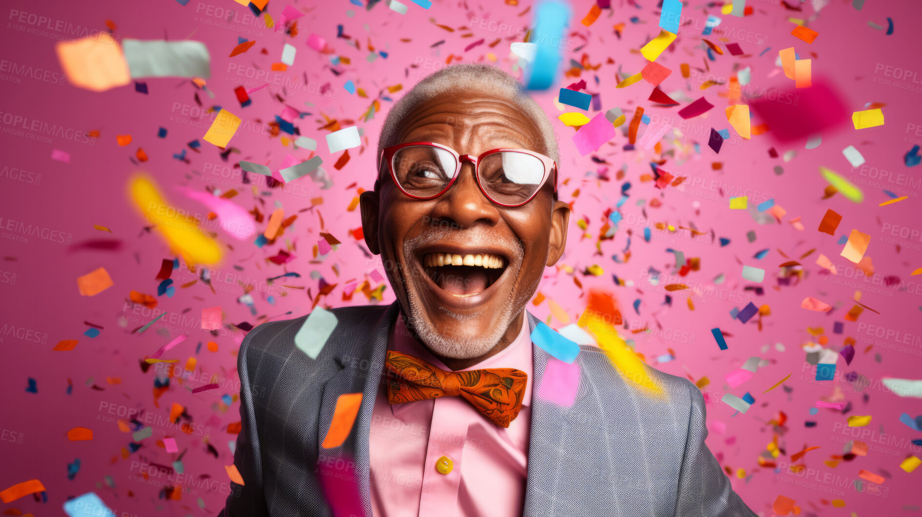 Buy stock photo Happy laughing man with falling confetti. Birthday, New Year, fun celebration party