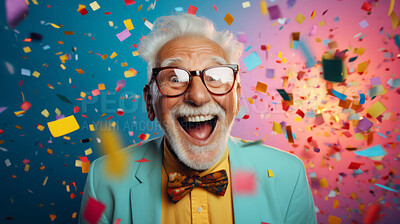 Buy stock photo Happy laughing man with falling confetti. Birthday, New Year, fun celebration party