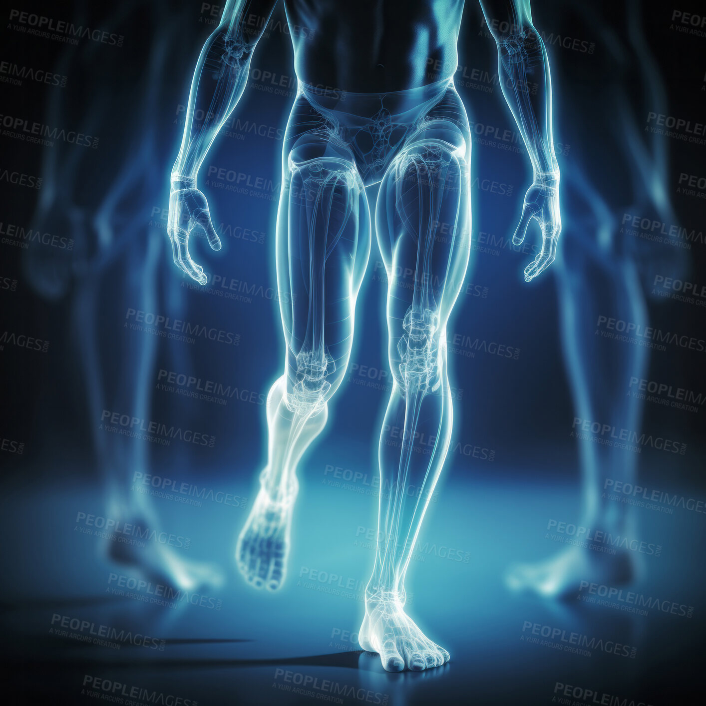 Buy stock photo Joint pain or injury while running. Xray of training athlete with sport accident