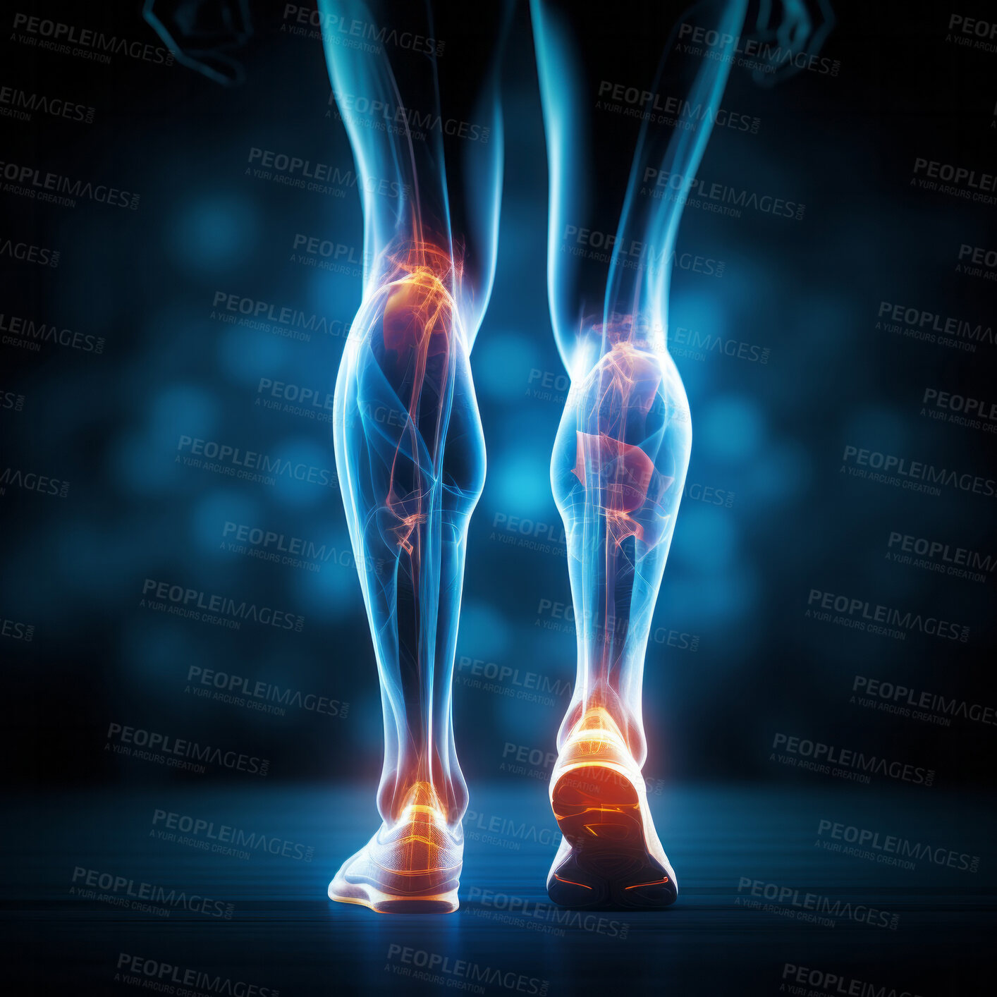 Buy stock photo Joint pain or injury while running. Xray of training athlete with sport accident