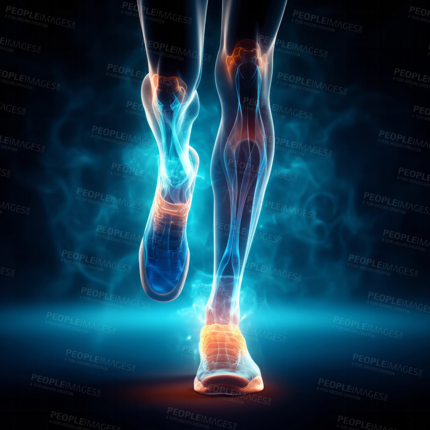 Buy stock photo Joint pain or injury while running. Xray of training athlete with sport accident