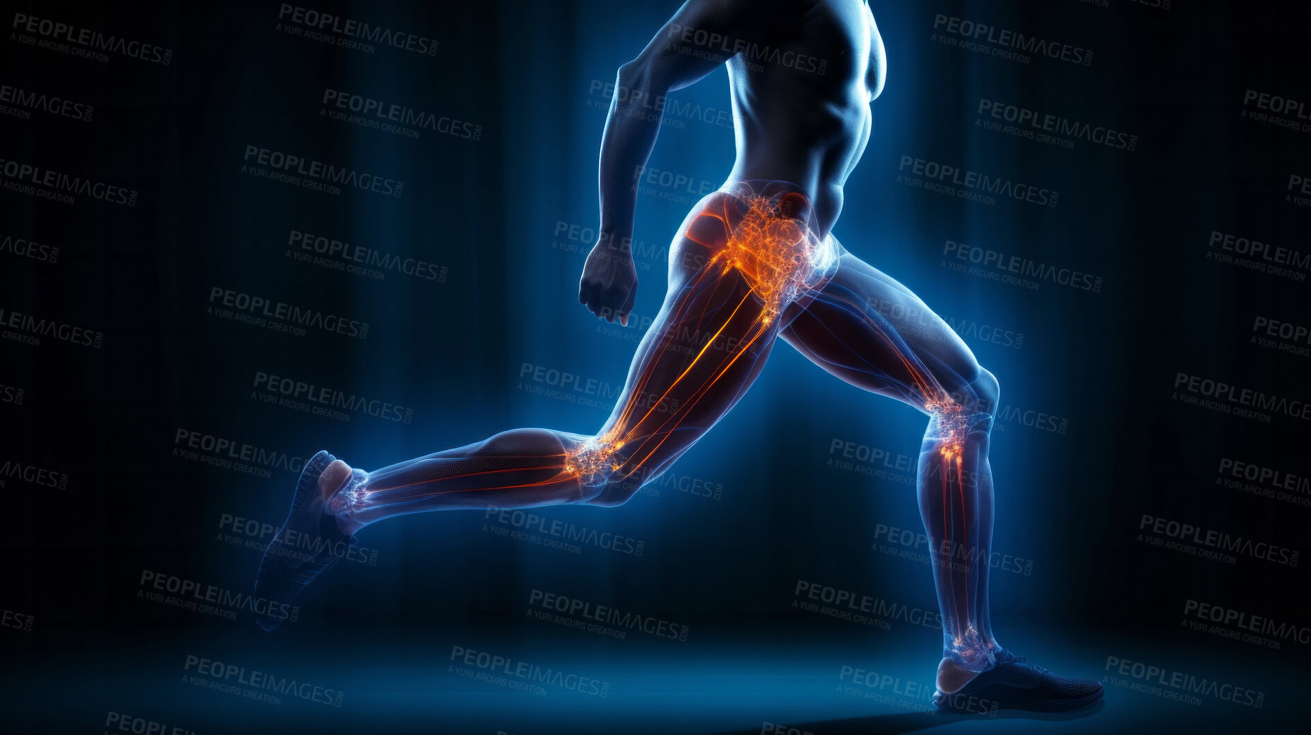 Buy stock photo Joint pain or injury while running. Xray of training athlete with sport accident