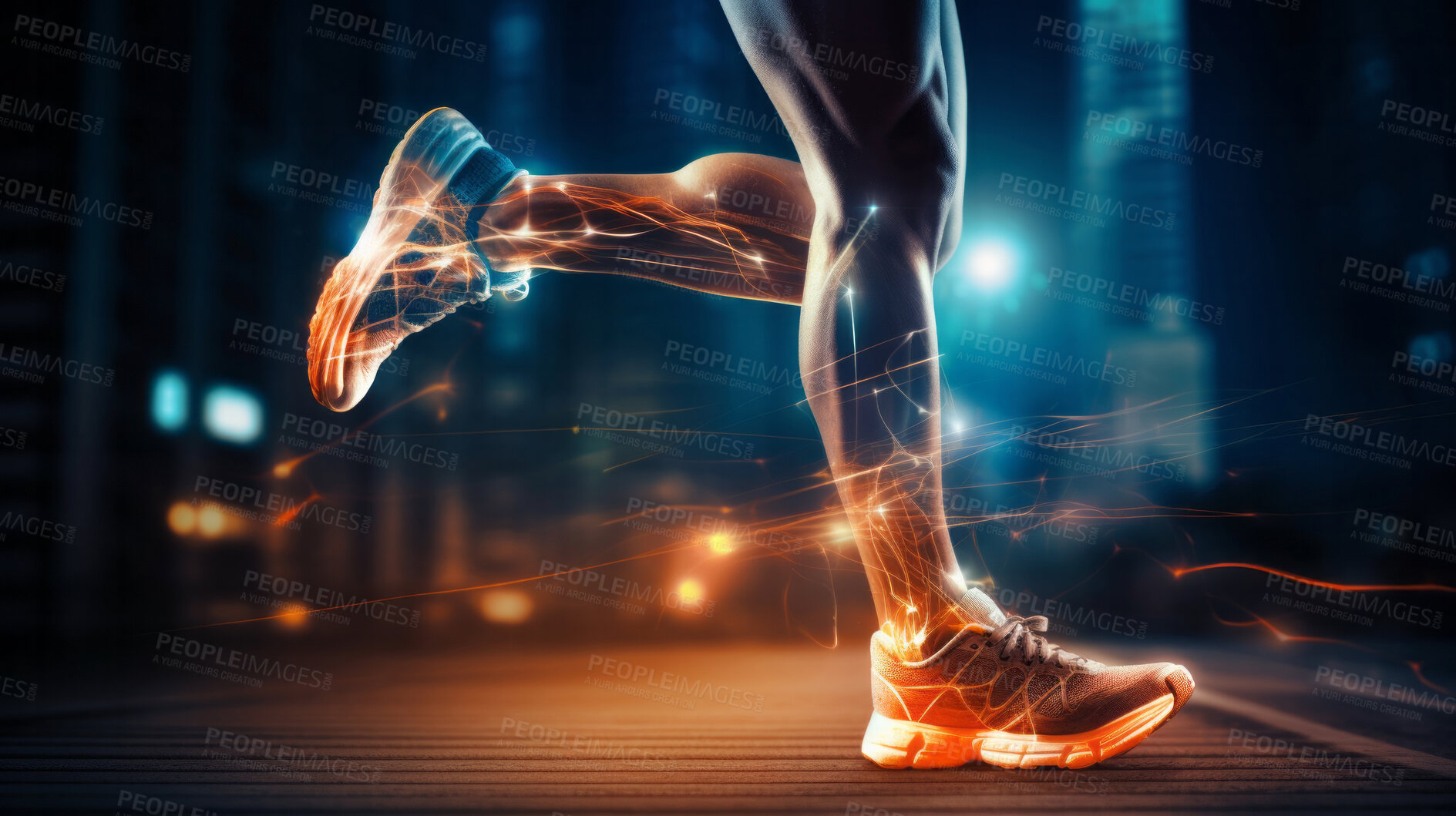 Buy stock photo Joint pain or injury while running. Xray of training athlete with sport accident