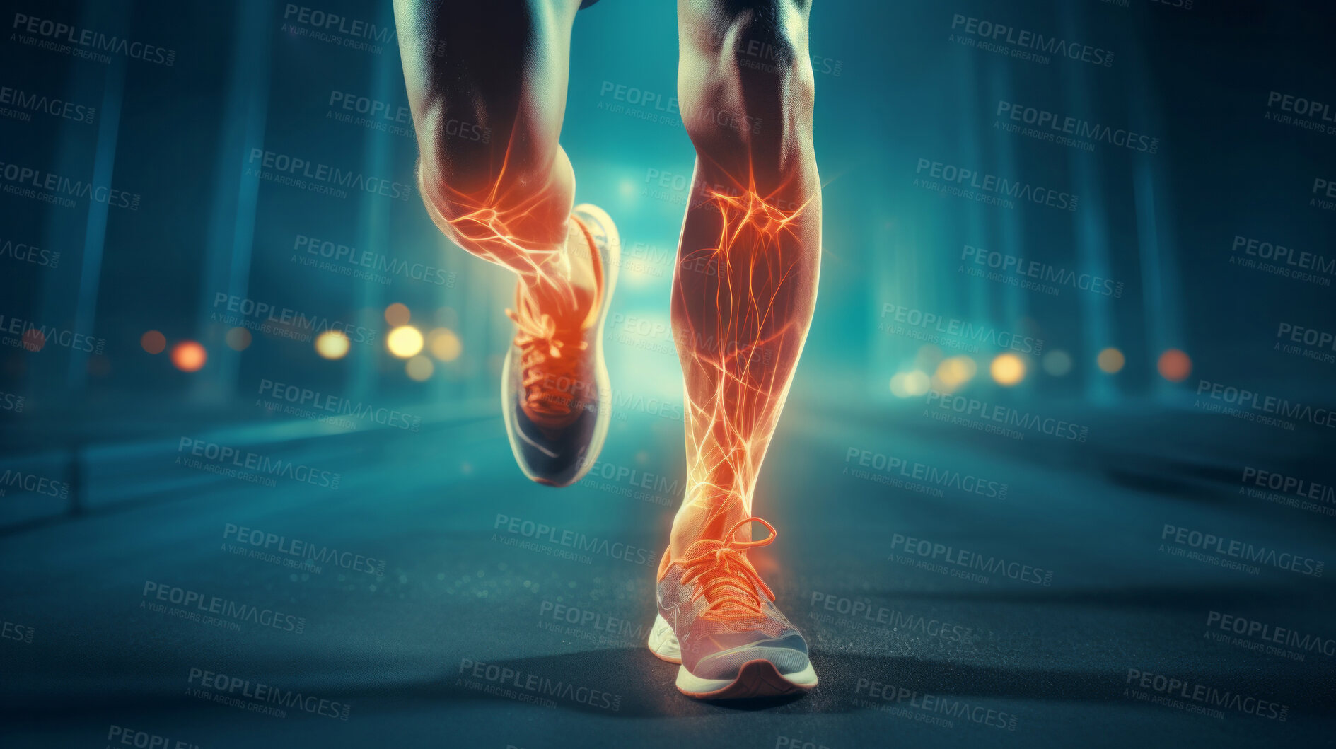 Buy stock photo Joint pain or injury while running. Xray of training athlete with sport accident