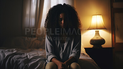 Depressed woman in dark bedroom at home. Concept for mental health awareness
