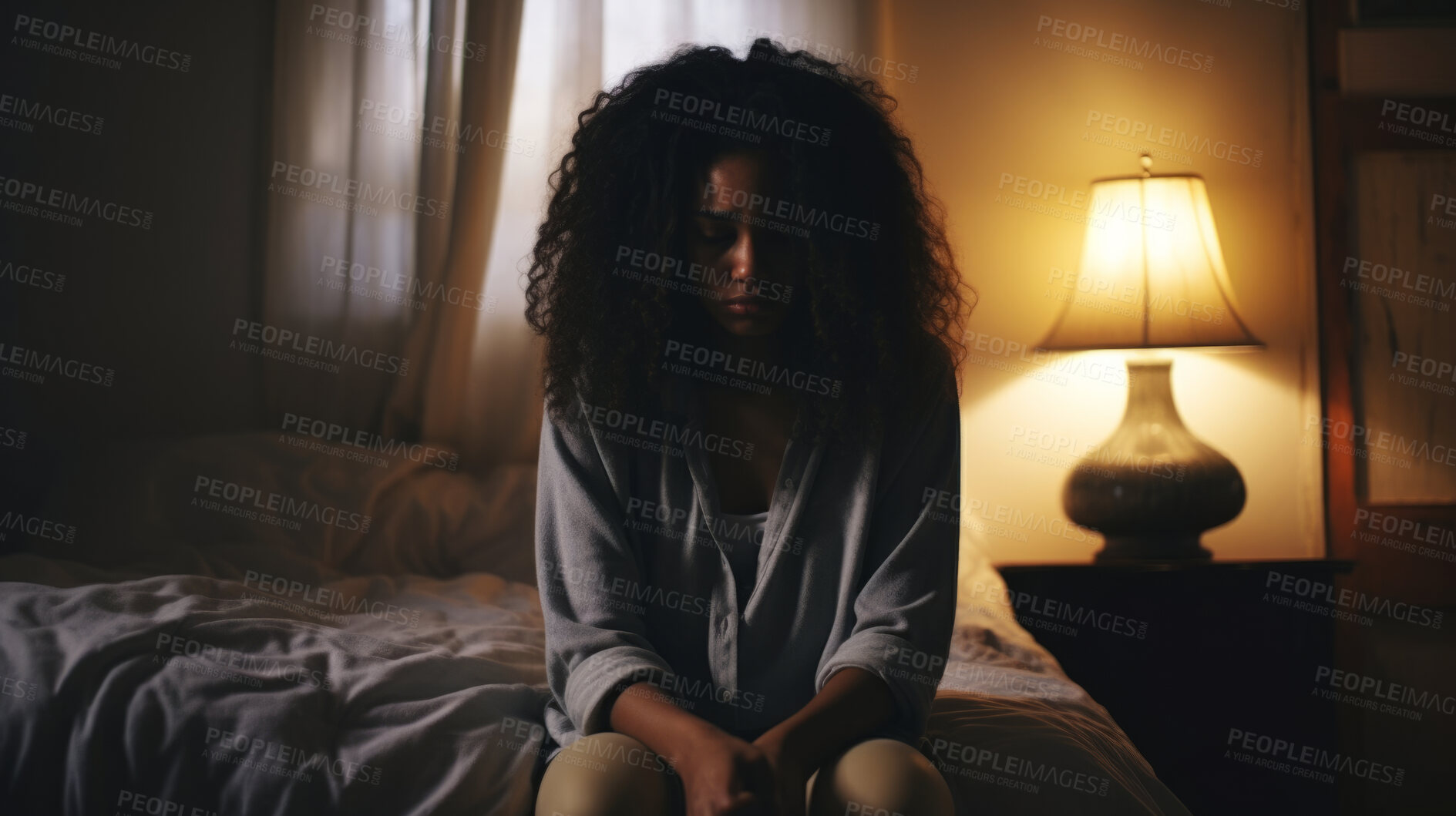 Buy stock photo Depressed woman in dark bedroom at home. Concept for mental health awareness