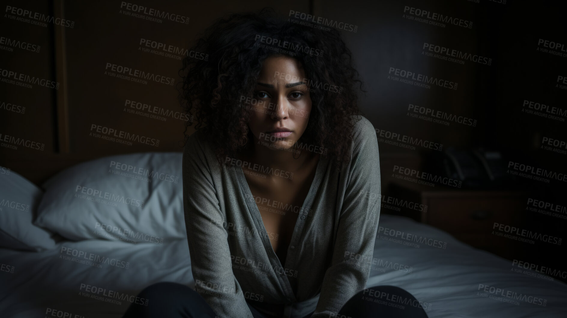 Buy stock photo Depressed woman in dark bedroom at home. Concept for mental health awareness