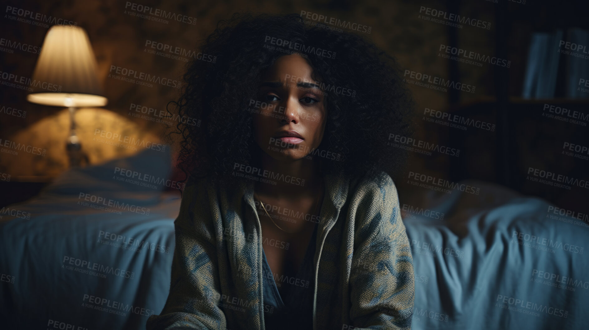 Buy stock photo Depressed woman in dark bedroom at home. Concept for mental health awareness