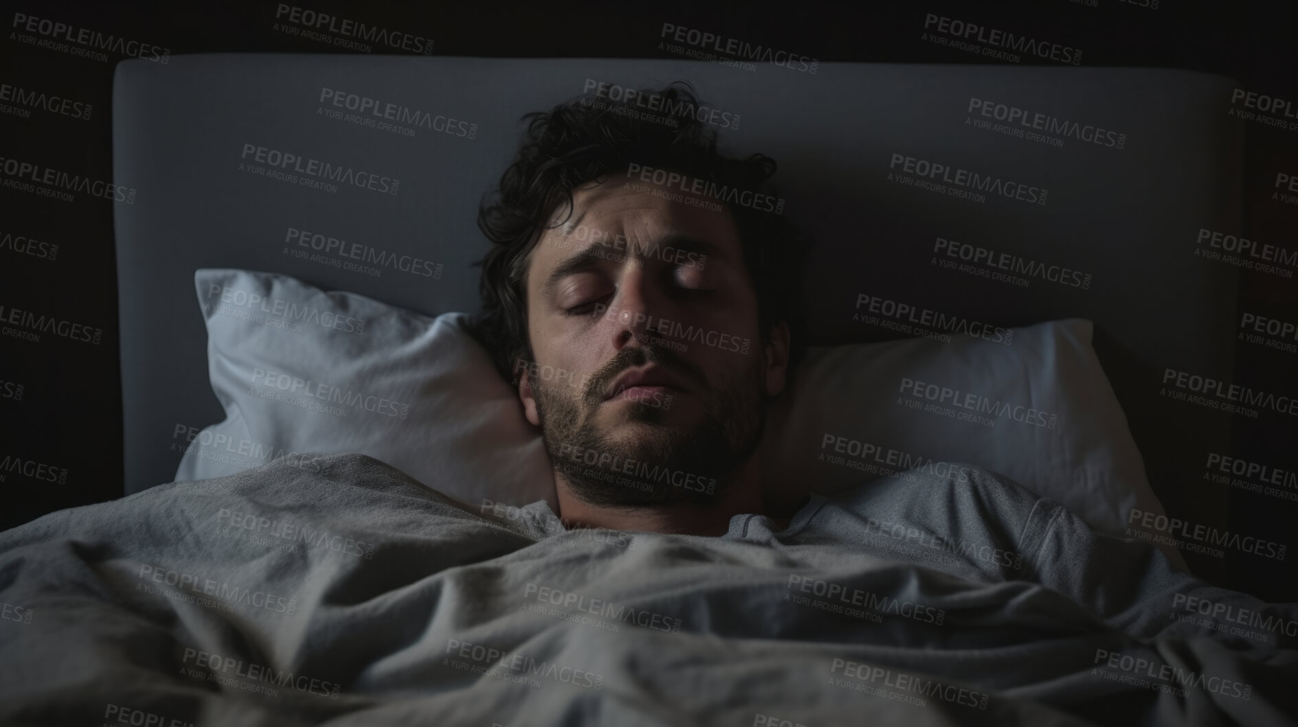 Buy stock photo Depressed sleeping man in bed at home. Concept for mental health awareness