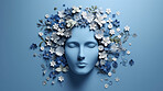 World mental health awareness day. Paper cutout woman head  and flowers blue background