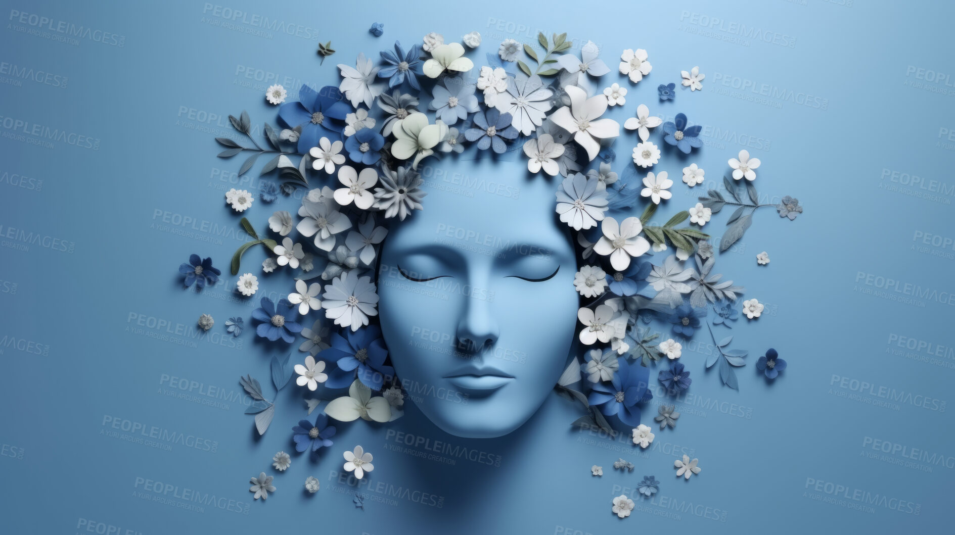 Buy stock photo World mental health awareness day. Paper cutout woman head  and flowers blue background