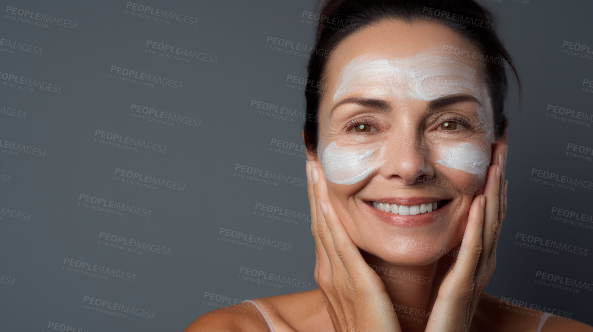 Buy stock photo Radiant mature senior model woman smiling for spa beauty and skincare in studio