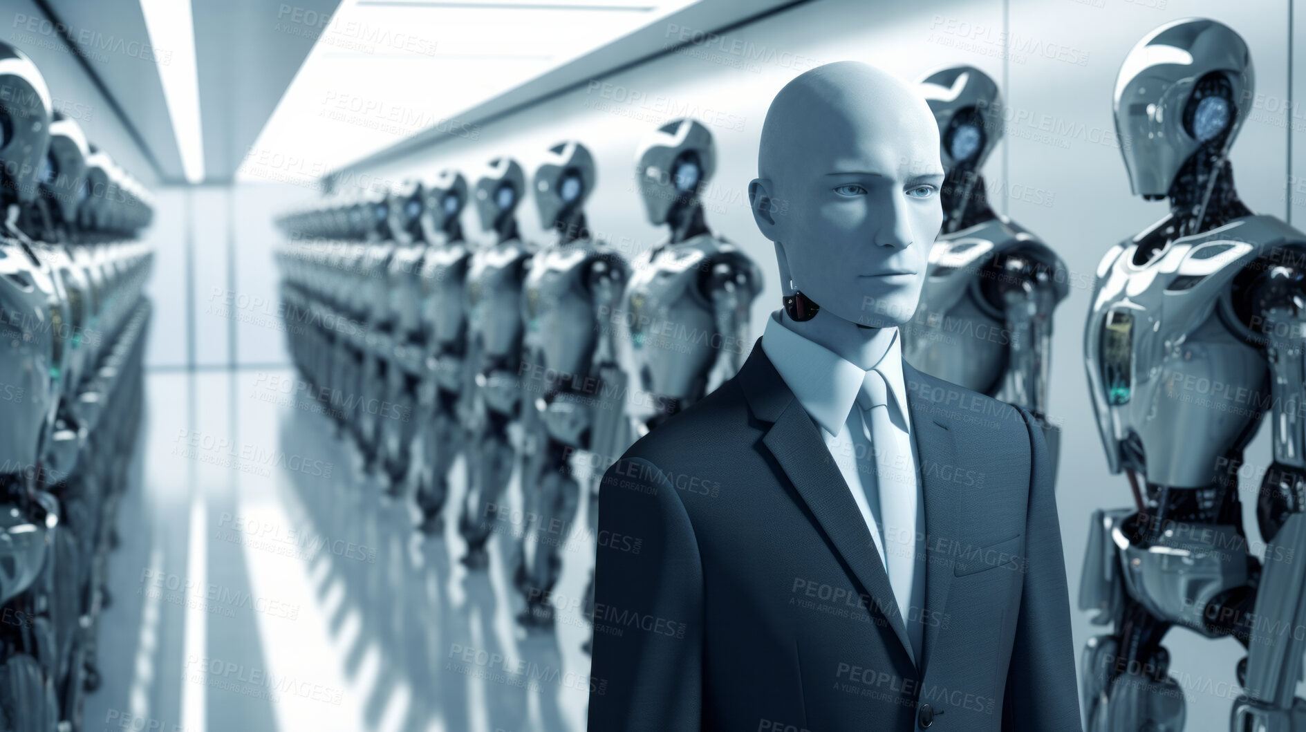 Buy stock photo Group of cyborgs or robots in factory. Robotic employment or human replacement concept