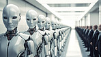 Group of cyborgs or robots in factory. Robotic employment or human replacement concept