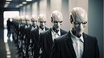 Group of cyborgs or robots in factory. Robotic employment or human replacement concept