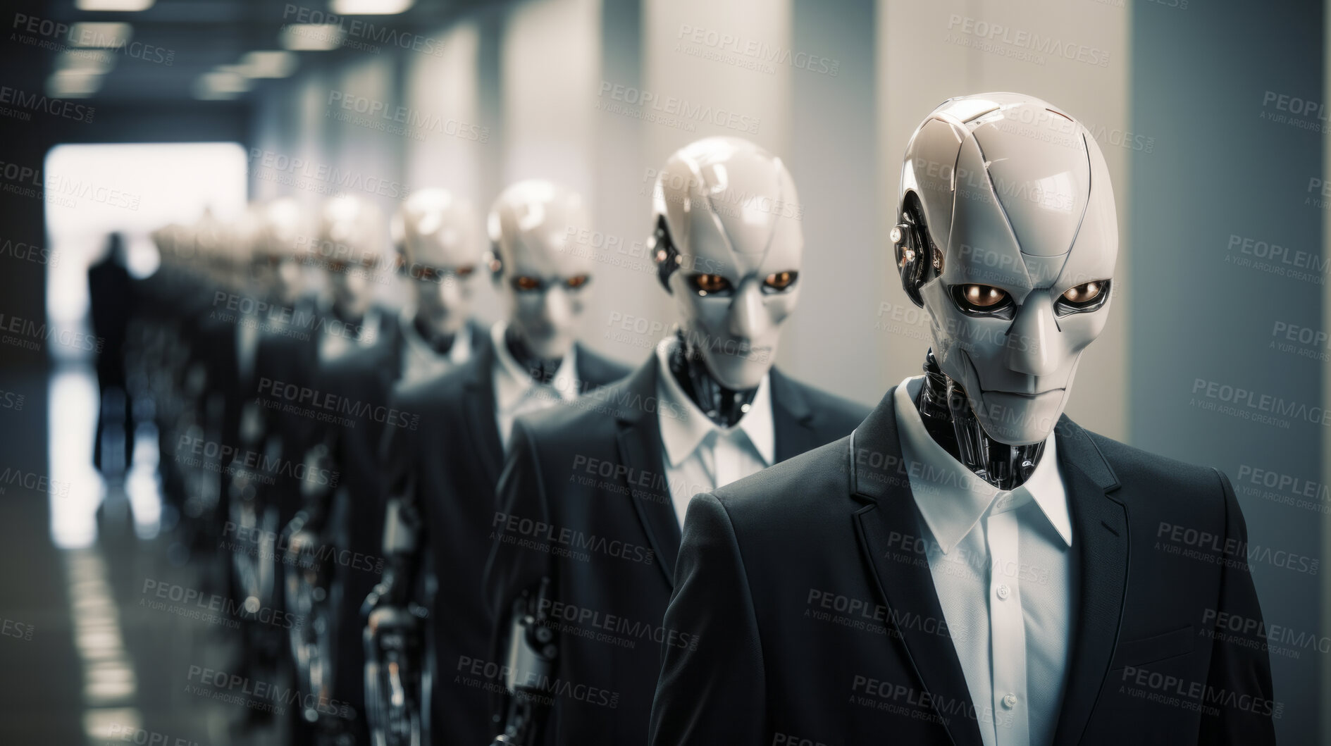 Buy stock photo Group of cyborgs or robots in factory. Robotic employment or human replacement concept