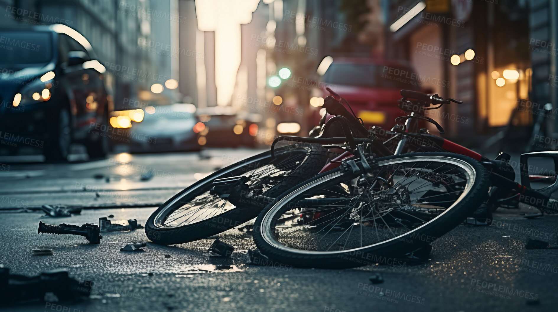 Buy stock photo Bicycle accident in road. Broken bike after dangerous crash in city street.