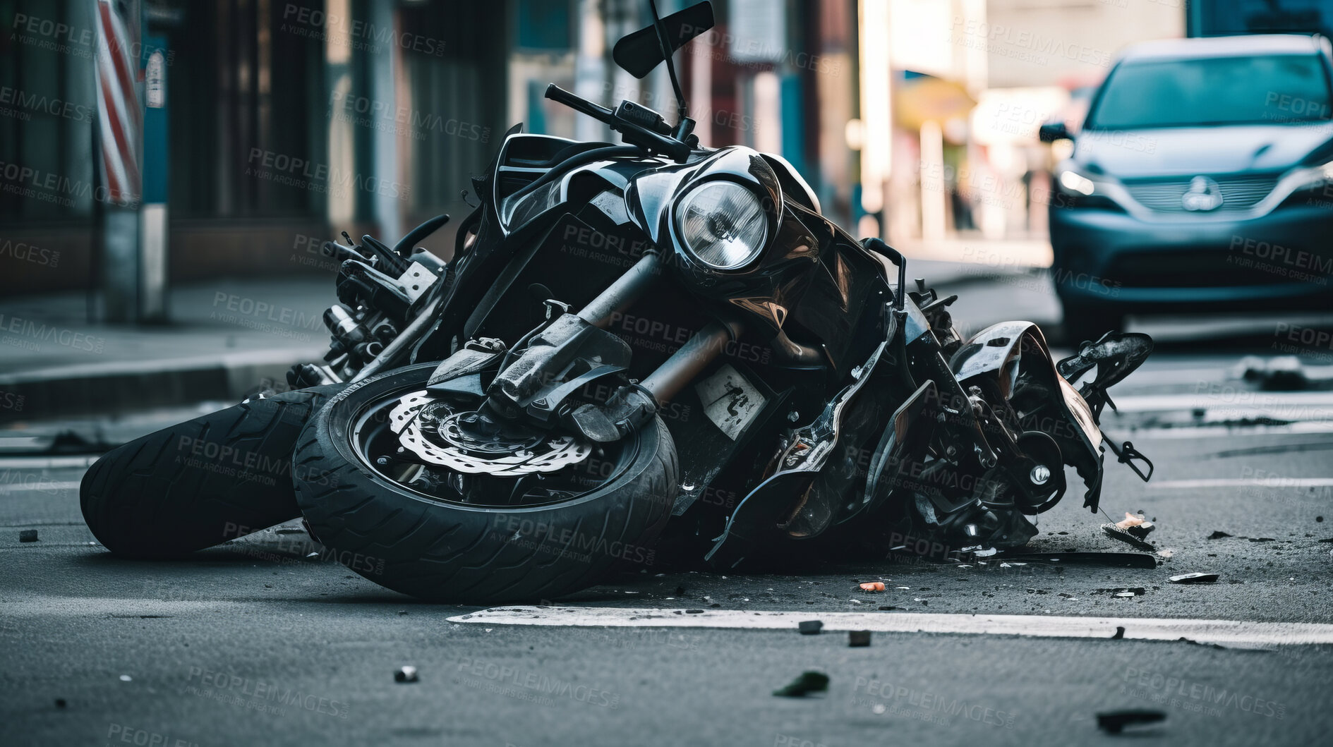 Buy stock photo Motorcycle accident in road. Broken bike after dangerous crash in city street.