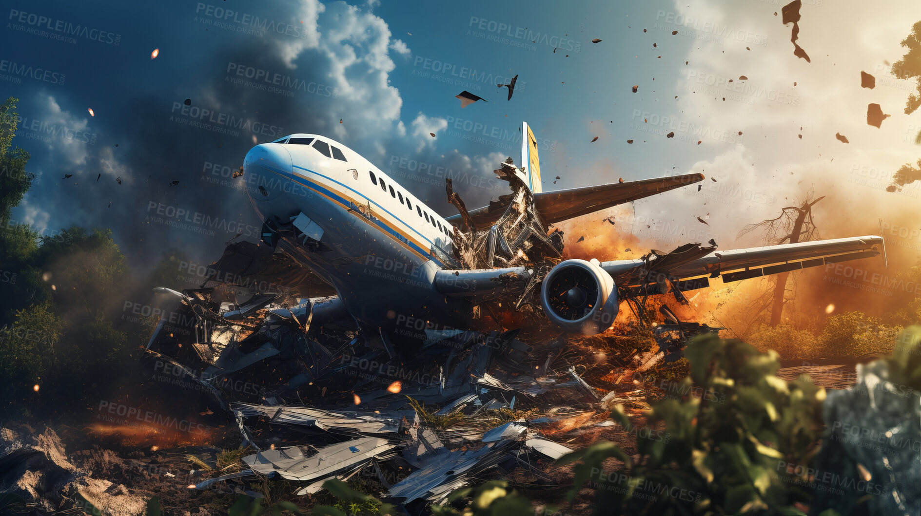 Buy stock photo Dramatic plane crash. Airplane emergency accident concept.