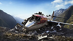 Dramatic plane crash on mountain. Airplane emergency accident concept.