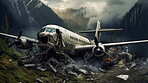 Dramatic plane crash on mountain. Airplane emergency accident concept.