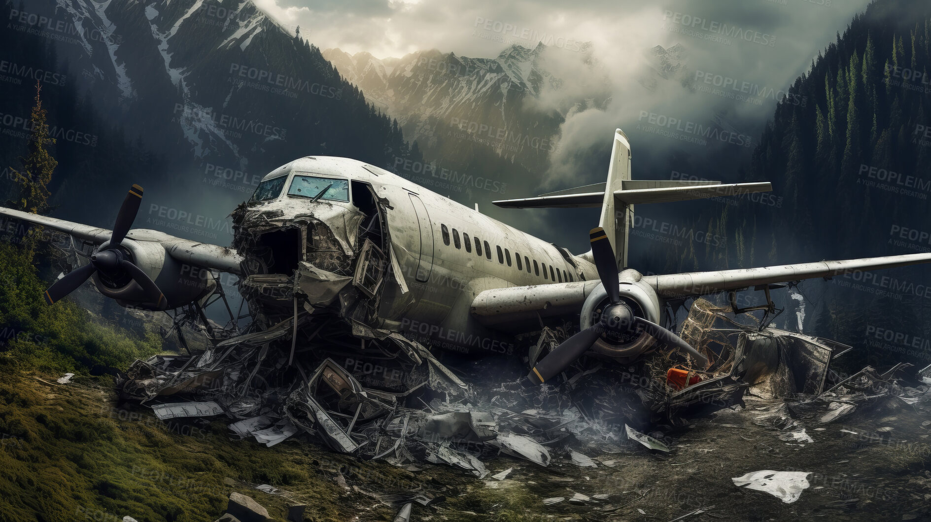 Buy stock photo Dramatic plane crash on mountain. Airplane emergency accident concept.