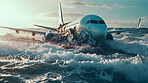 Dramatic plane crash in water. Airplane emergency accident concept.