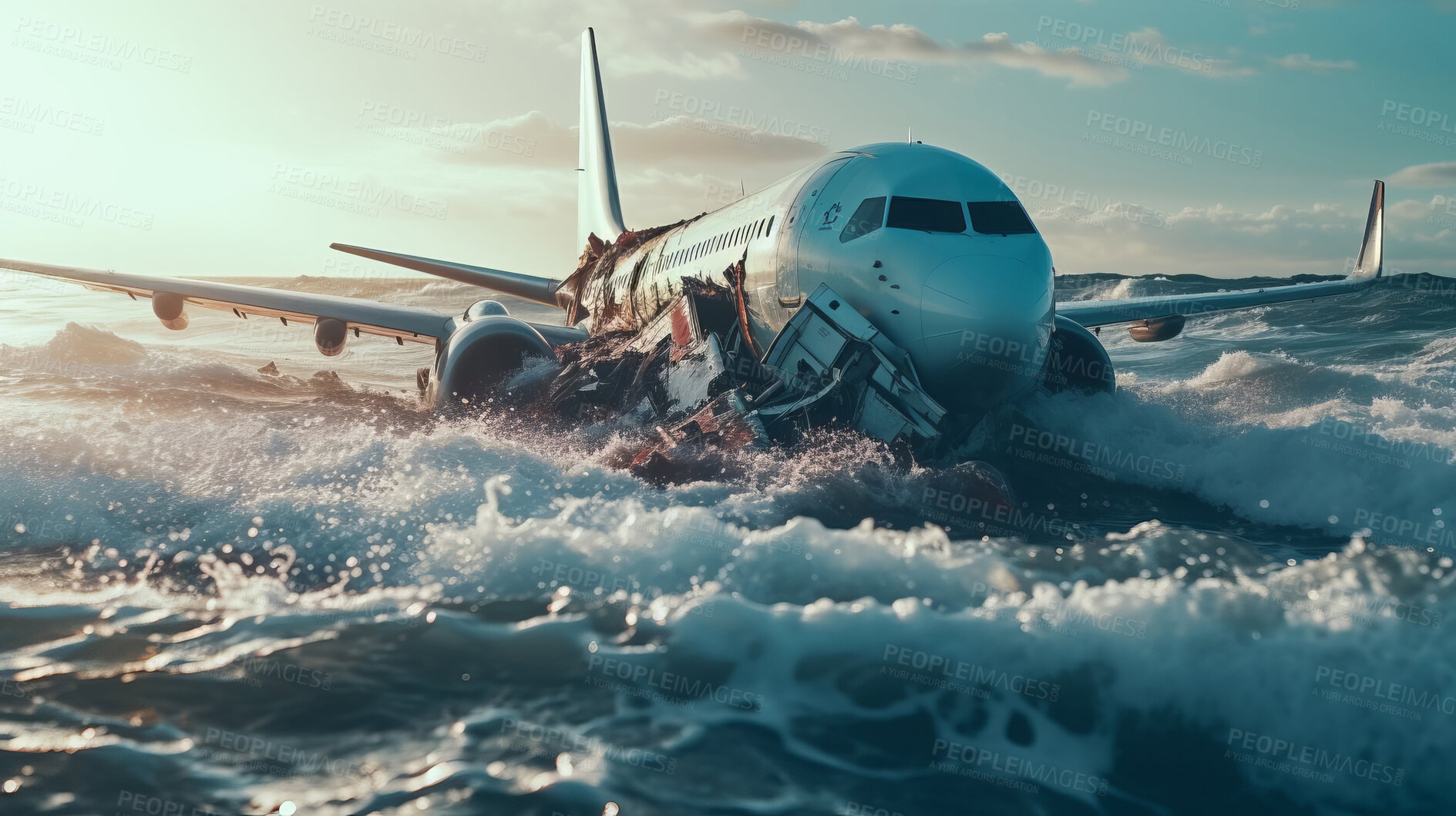 Buy stock photo Dramatic plane crash in water. Airplane emergency accident concept.