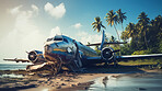 Dramatic plane crash on an island. Airplane emergency accident concept.