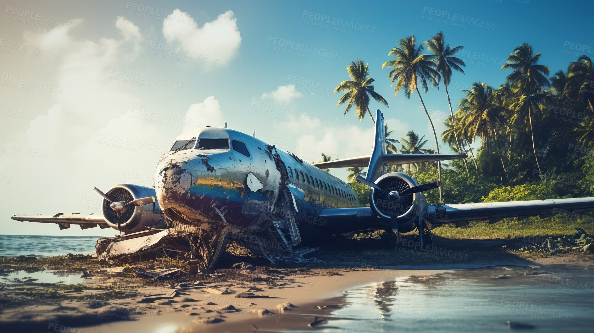 Buy stock photo Dramatic plane crash on an island. Airplane emergency accident concept.