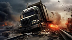 Truck crash road accident. Emergency insurance transport damage report