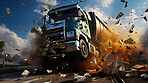 Truck crash road accident. Emergency insurance transport damage report