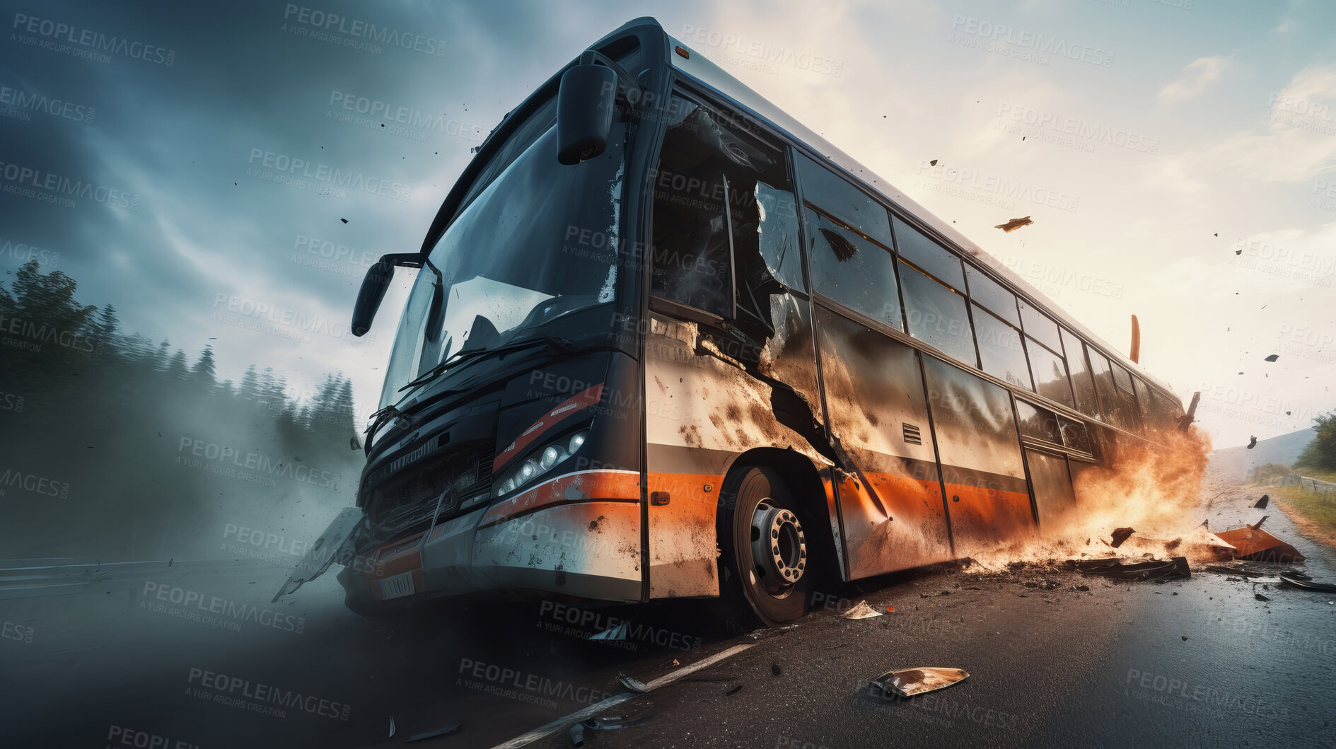 Buy stock photo Bus crash road accident. Emergency insurance transport damage report