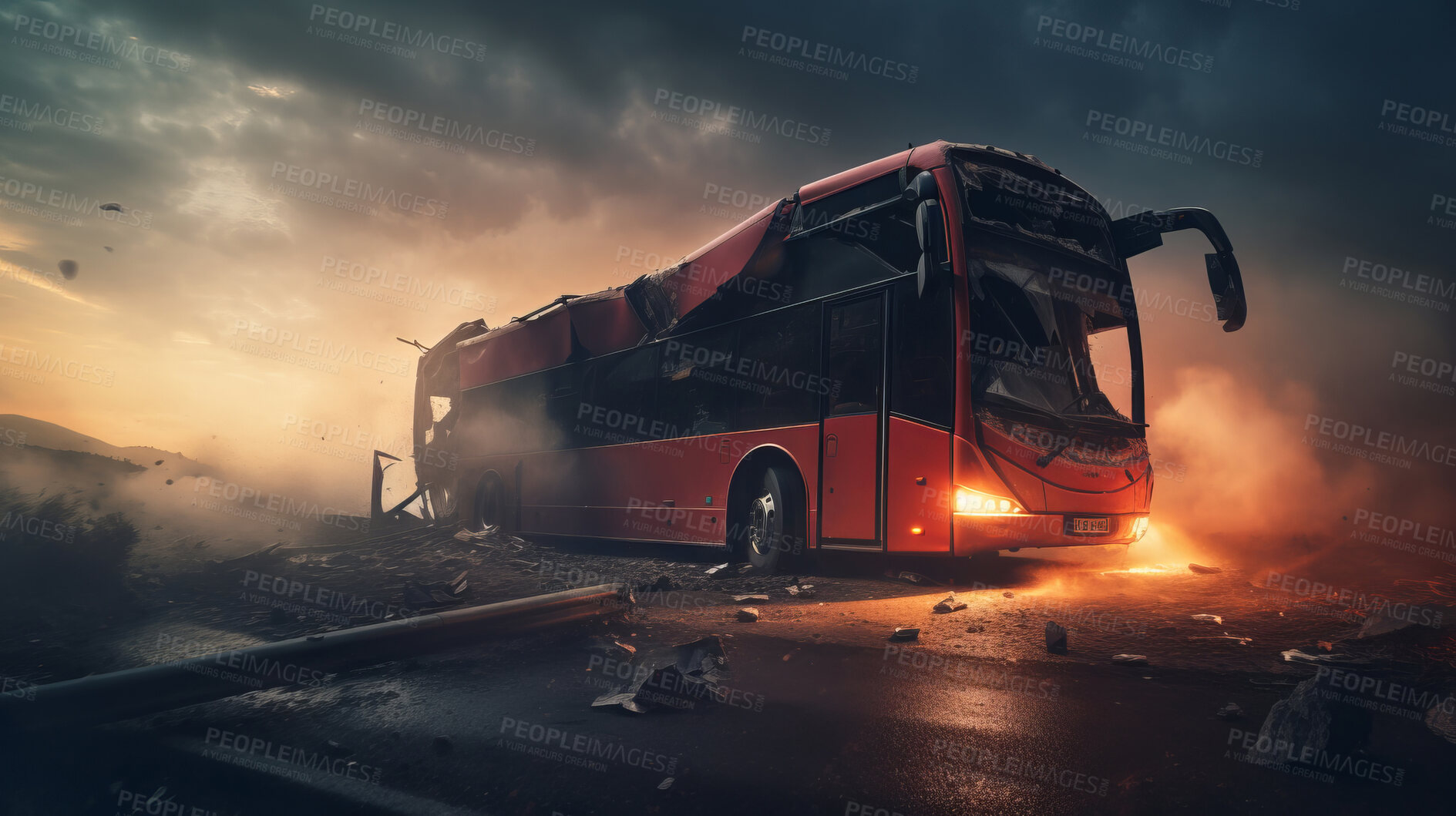 Buy stock photo Bus crash road accident. Emergency insurance transport damage report