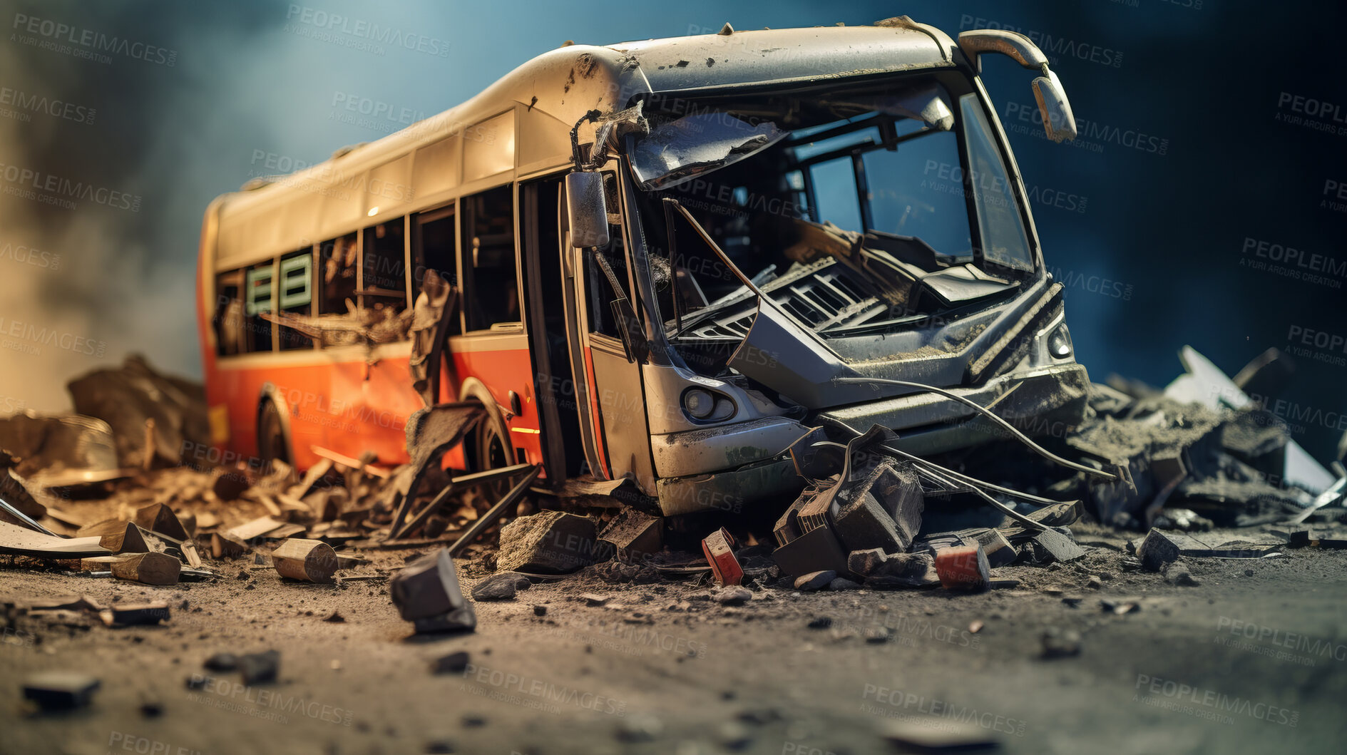 Buy stock photo Bus crash road accident. Emergency insurance transport damage report