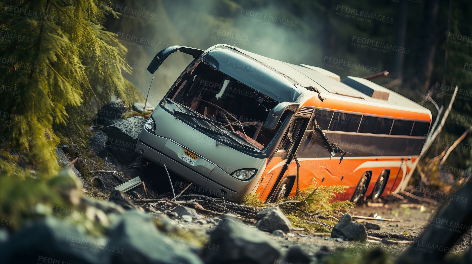 Buy stock photo Bus crash road accident. Emergency insurance transport damage report